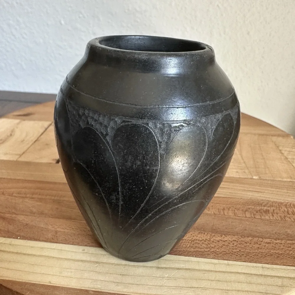 Vintage Artisan Signed Marginea Pottery Vase 3.5 Inch Black Carved Floral Leaves